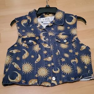 celestial pattern denim vest